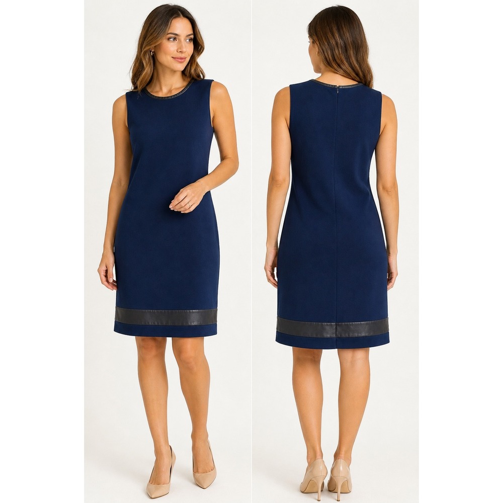 St. John Navy Blue Wool Knit Sleeveless Shift Dress Leather Trim Size 8